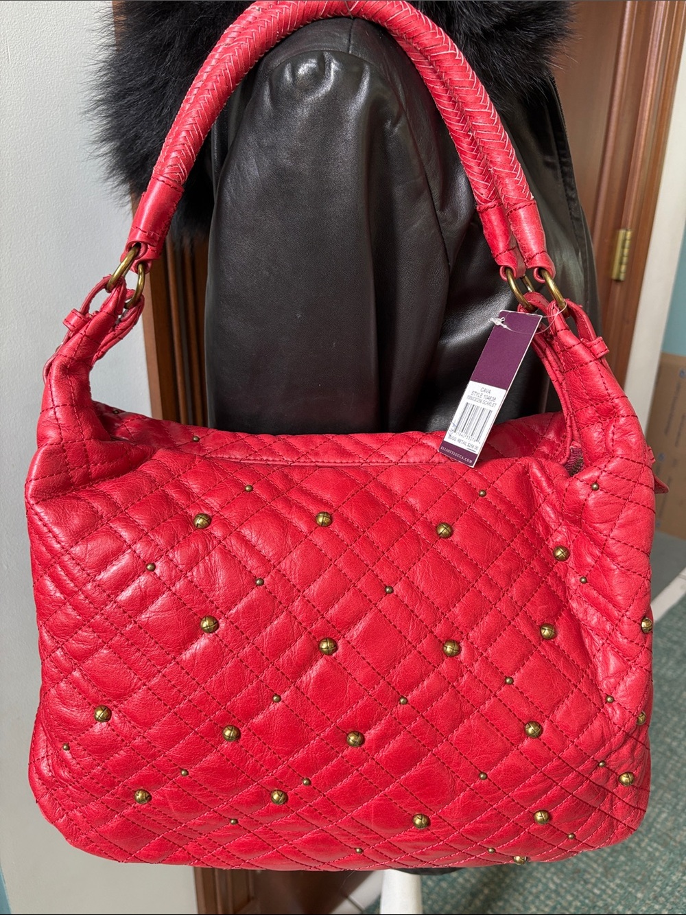 Elliott Lucca shoulder bag  Leather Red Quilted Studded antiqued gold tone hardw